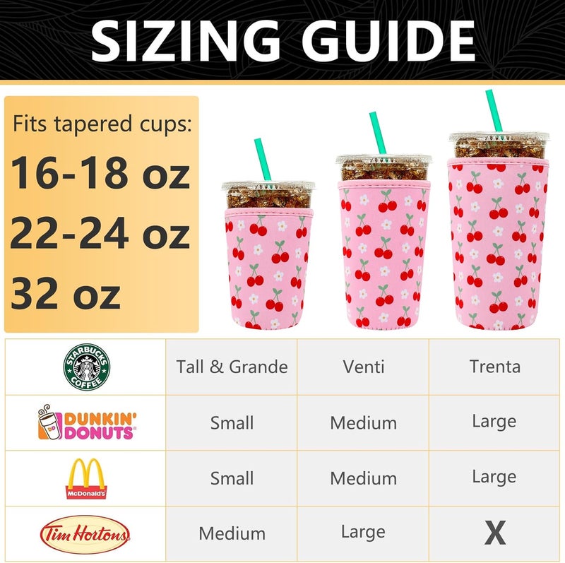 YR Reusable Neoprene Insulator Sleeve for Iced Coffee Cups, 3 Pack Coffee Coolies sleeves for Iced & Hot Drinks, Cold Beverage Cooler Compatible with Starbucks Coffee and More (Cute Cherry) - Image 2